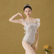 Cool Tea Ruffle Sleeve Ballet Leotard - Silver White (Leotard with Removable Pads)